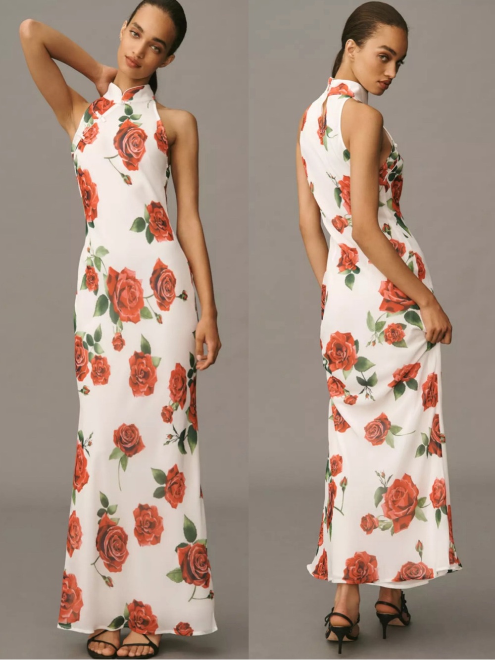 Sau Lee Gladys Halter Printed Roses White Maxi Dress Size US 0 NEW!New with tags